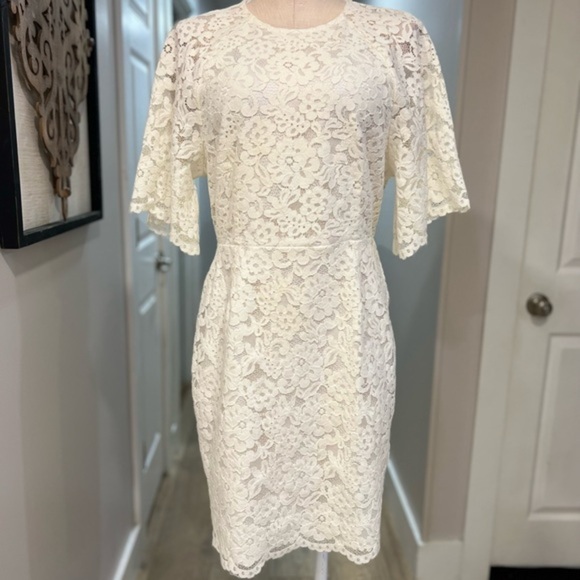 H&M Gold Label Ivory Short Sleeve Midi Lace Dress with a Back Slit - Picture 2 of 16